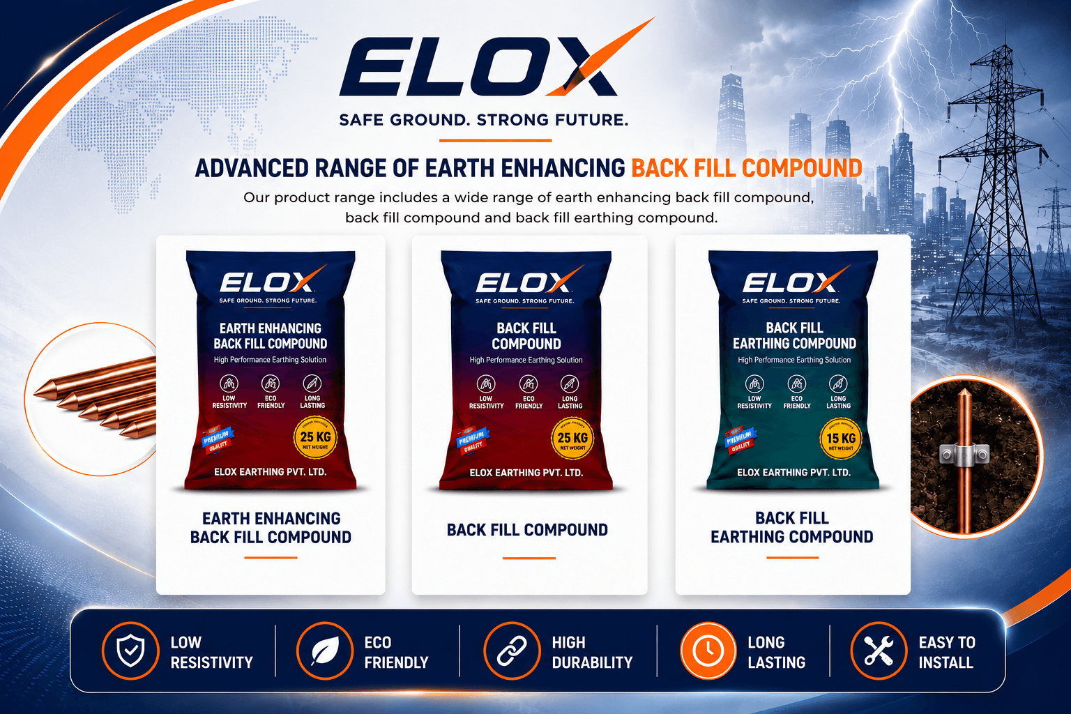 ELOX earth enhancing back fill compound — 25 kg and 15 kg bags of low-resistivity, eco-friendly earthing compound