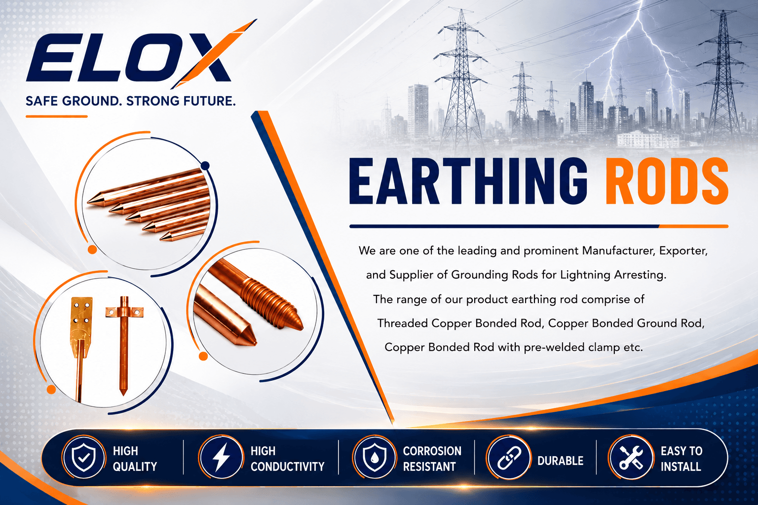 ELOX earthing rods — threaded copper bonded rods, copper bonded ground rods and rods with pre-welded clamp for lightning arresting
