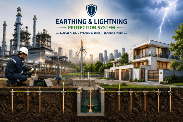 Earthing and lightning protection systems installed across industrial, commercial and residential sites, showing buried electrode network, earth pit chamber and lightning protection masts