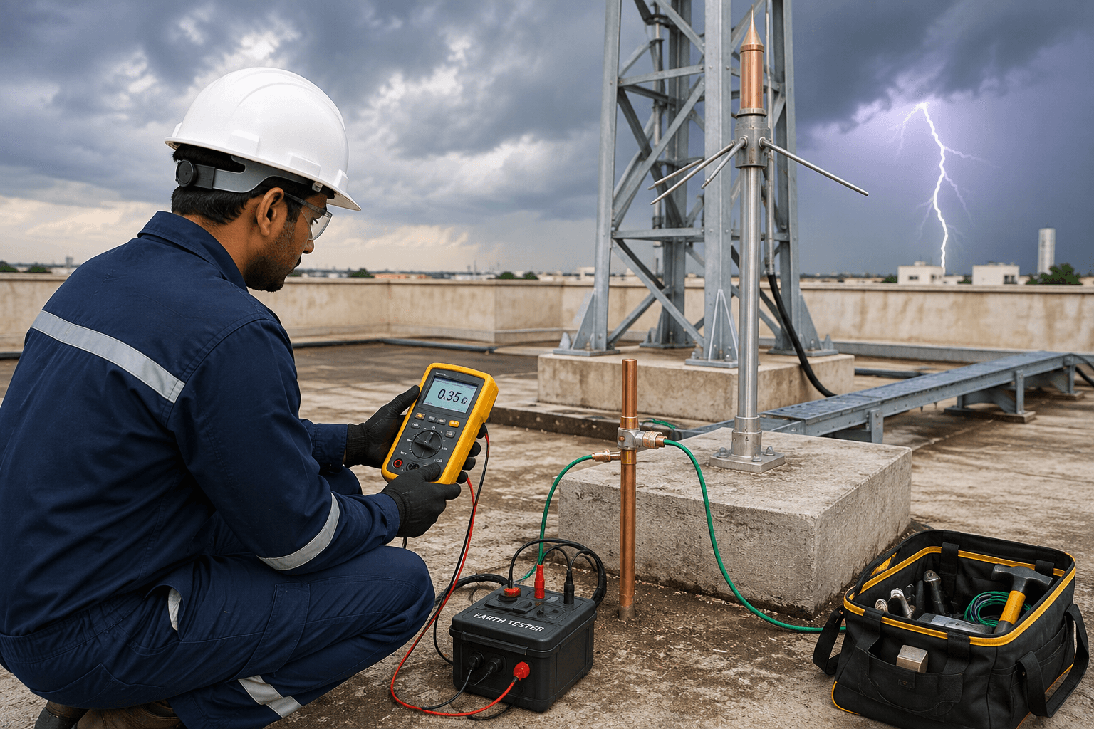 Engineer measuring earth resistance with a digital earth tester connected to a copper electrode beside a lightning protection mast