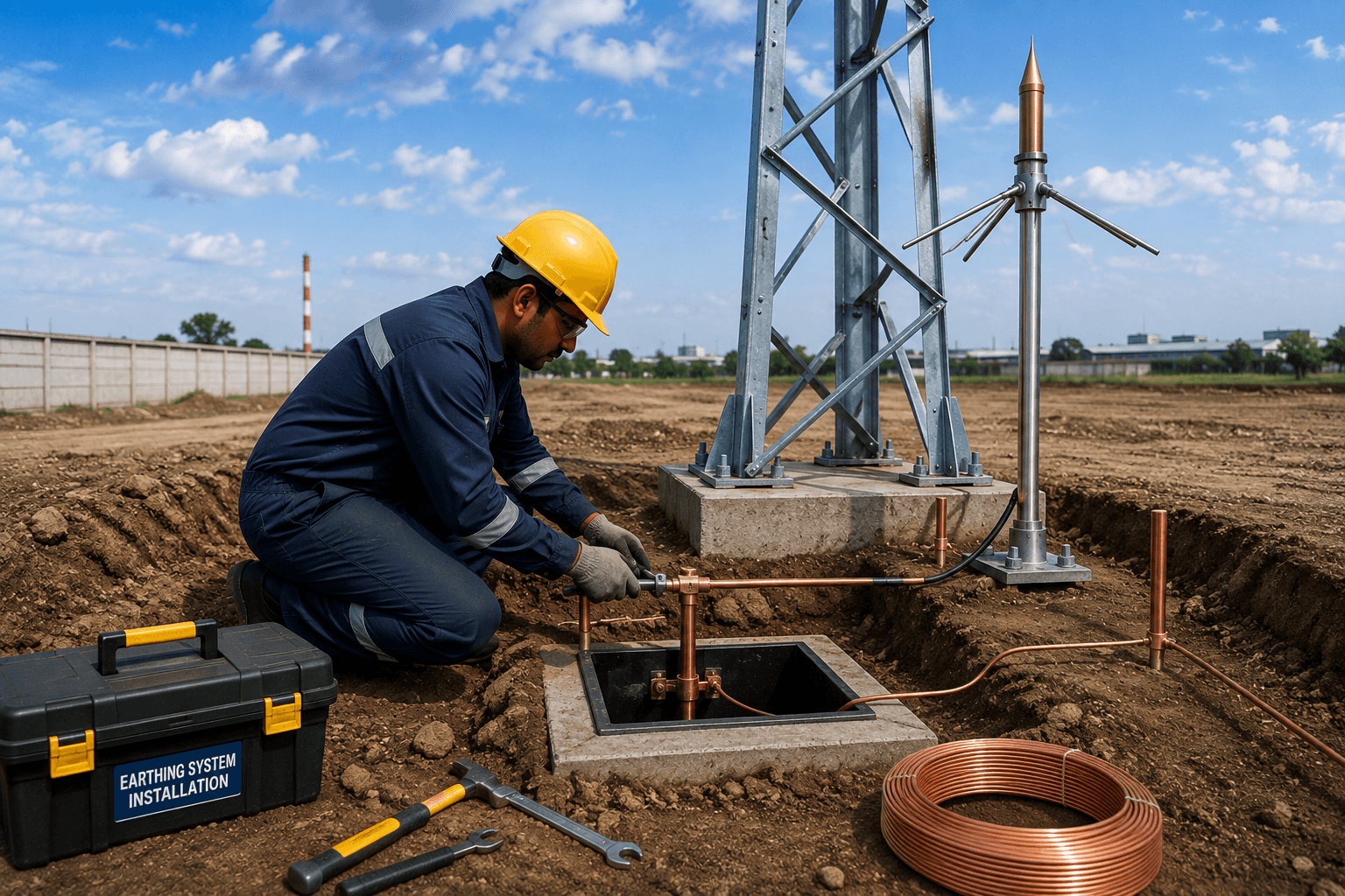 Engineer connecting copper earthing conductors to an electrode inside a concrete earth pit chamber at a tower foundation